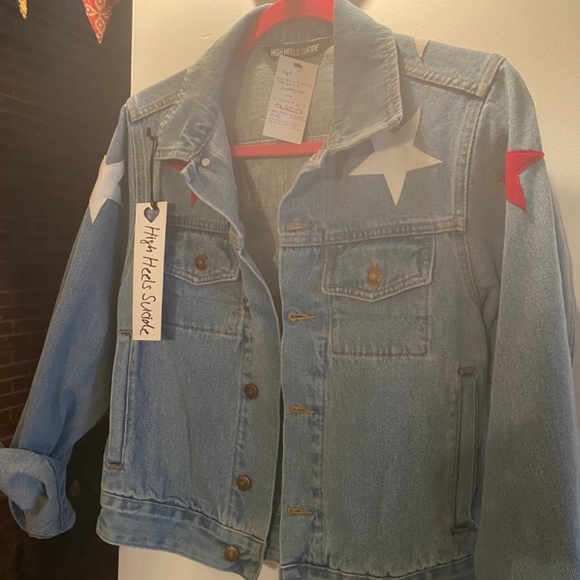 HIGH HEELS SUICIDE WANDERLUST Star Patch Embellished DENIM jean JACKET Sz S - Picture 8 of 16